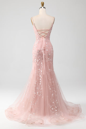 Havfrue Blush Spaghetti Straps gallakjole med applikationer